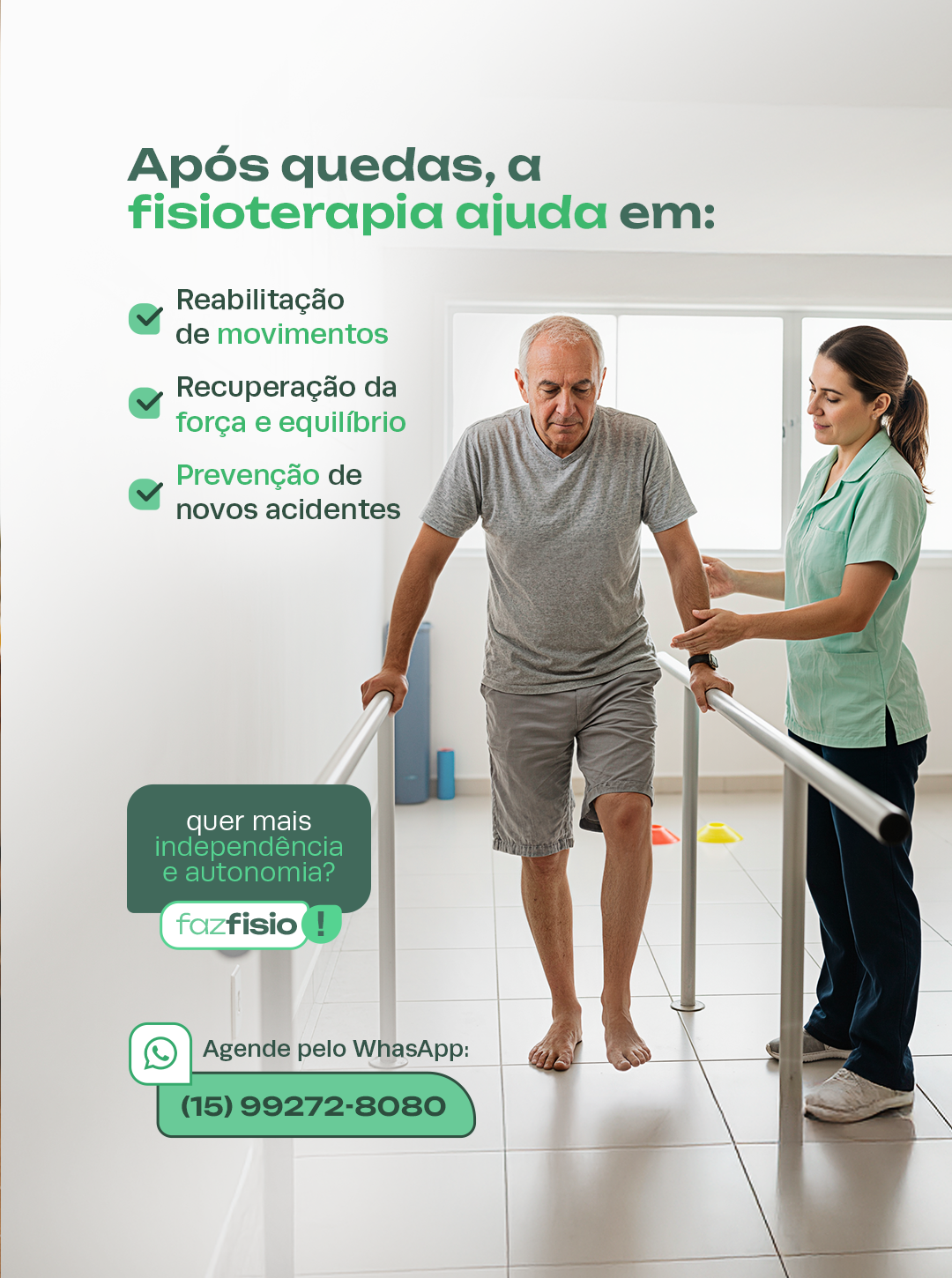 Após quedas, a fisioterapia ajuda na reabilitação de movimentos, na recuperação da força e do equilíbrio e na prevenção de novos acidentes.