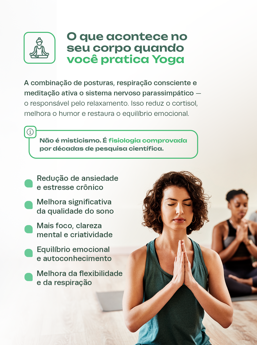 O que acontece no seu corpo quando você pratica Yoga: a prática ativa o sistema nervoso parassimpático, reduz o cortisol e restaura o equilíbrio emocional.